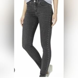 Zara Dark Wash Gray High Waisted Skinny Ankle Cropped Metal Studs Down Side